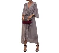 Womens Boho Casual Dress Fashion Solid Color Wrap V Neck Summer Loose Half Sleeve A Line Irregular Midi Crochet Romper Dress (Gray,4XL)
