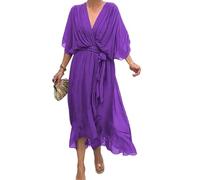 Womens Boho Casual Dress Fashion Solid Color Wrap V Neck Summer Loose Half Sleeve A Line Irregular Midi Crochet Romper Dress (Purple,XL)