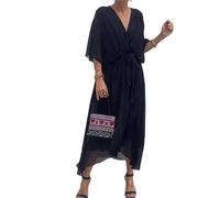 Womens Boho Casual Dress Fashion Solid Color Wrap V Neck Summer Loose Half Sleeve A Line Irregular Midi Crochet Romper Dress (Black,L)