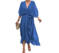 Womens Boho Casual Dress Fashion Solid Color Wrap V Neck Summer Loose Half Sleeve A Line Irregular Midi Crochet Romper Dress (Blue,5XL)