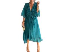 Womens Boho Casual Dress Fashion Solid Color Wrap V Neck Summer Loose Half Sleeve A Line Irregular Midi Crochet Romper Dress (Teal,4XL)