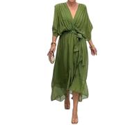 Womens Boho Casual Dress Fashion Solid Color Wrap V Neck Summer Loose Half Sleeve A Line Irregular Midi Crochet Romper Dress (Green,XL)