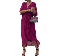 Womens Boho Casual Dress Fashion Solid Color Wrap V Neck Summer Loose Half Sleeve A Line Irregular Midi Crochet Romper Dress (Fuchsia,M)