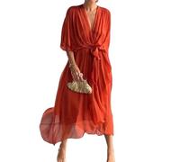 Womens Boho Casual Dress Fashion Solid Color Wrap V Neck Summer Loose Half Sleeve A Line Irregular Midi Crochet Romper Dress (Orange,4XL)
