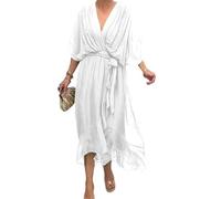 Womens Boho Casual Dress Fashion Solid Color Wrap V Neck Summer Loose Half Sleeve A Line Irregular Midi Crochet Romper Dress (White,5XL)