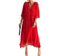 Womens Boho Casual Dress Fashion Solid Color Wrap V Neck Summer Loose Half Sleeve A Line Irregular Midi Crochet Romper Dress (Red,L)