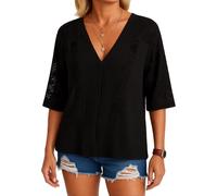 Women's Boho Lace Panel V Neck Blouse Loose Fit 3/4 Sleeve Crochet Detail Tunic Top Summer Casual Vacation Shirt Lightweight Breathable Beach