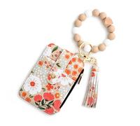 Women's Boho Style Beaded & Tassel Decorated Keychain with Flower Pattern Wallet, Boho Beaded Wallet, Bracelet Keychain Wallets (Khaki)