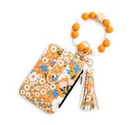 Women's Boho Style Beaded & Tassel Decorated Keychain with Flower Pattern Wallet, Boho Beaded Wallet, Bracelet Keychain Wallets (Yellow)