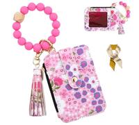 Women's Boho Style Beaded & Tassel Decorated Keychain with Flower Pattern Wallet,Cute Silicone Beaded Credit Card Holder (Rose Red)
