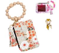 Women's Boho Style Beaded & Tassel Decorated Keychain with Flower Pattern Wallet,Cute Silicone Beaded Credit Card Holder (Khaki)