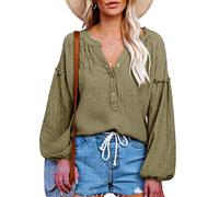 Women's Boho V Neck Balloon Sleeve Blouse Ruffle Trim Cotton Linen Shirt Casual Long Sleeve Pullover Tops for Summer Spring Vacation Sage Green