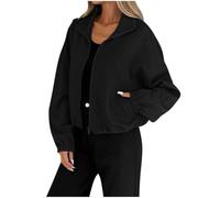 Womens Bomber Jacket Cropped Zip Up Textured Casual Outerwear (Black,M)