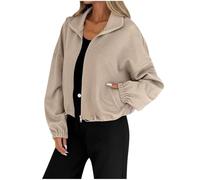 Womens Bomber Jacket Cropped Zip Up Textured Casual Outerwear (khaki,L)