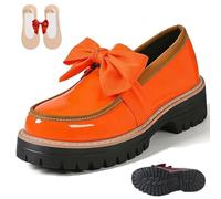 Women's Bowknot Thick Sole Loafers, Women's Patent Leather Bowknot Chunky Platform Loafers - Casual Dress Shoes for Office Business Work Everyday Wear (Orange-Red,35)