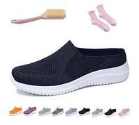 Women's Breathable Knit Slip-On Walking Shoes - Backless Sneakers with Arch Support & Memory Foam - Closed Toe Orthopedic Mules, Casual Summer Loafers & Slide-in Clogs (Navy,41)