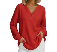Womens Button Detail V Neck Waffle Texture Pullover Top (Red,L)