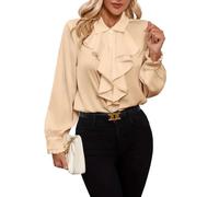 Womens Button Down Blouse Long Sleeve Ruffle Front Collared Work Shirt (Apricot,L)