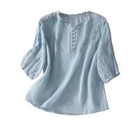 Women's Button Down Shirts Short Sleeve Solid Colour Crew Neck Casual Tops Ladies Loose Fit Summer Tunic Dressy Elegant Cotton Linen Blouse I-245