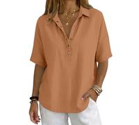 Womens Button Front Polo Collar Shirt Solid Colour Short Sleeve Blouse Elegant Casual Smart Top Classic Relaxed Fit Office Holiday Everyday Wear, 14-Khaki, M