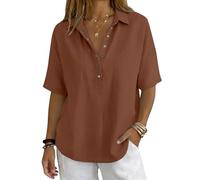 Womens Button Front Polo Collar Shirt Solid Colour Short Sleeve Blouse Elegant Casual Smart Top Classic Relaxed Fit Office Holiday Everyday Wear, 04-Coffee, XXL
