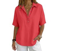 Womens Button Front Polo Collar Shirt Solid Colour Short Sleeve Blouse Elegant Casual Smart Top Classic Relaxed Fit Office Holiday Everyday Wear, 12-Watermelon Red, XXL