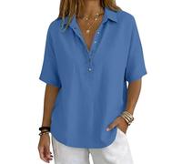 Womens Button Front Polo Collar Shirt Solid Colour Short Sleeve Blouse Elegant Casual Smart Top Classic Relaxed Fit Office Holiday Everyday Wear, 13-Blue, XXL