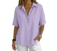 Womens Button Front Polo Collar Shirt Solid Colour Short Sleeve Blouse Elegant Casual Smart Top Classic Relaxed Fit Office Holiday Everyday Wear, 10-Light Purple, S