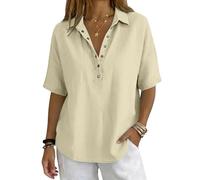 Womens Button Front Polo Collar Shirt Solid Colour Short Sleeve Blouse Elegant Casual Smart Top Classic Relaxed Fit Office Holiday Everyday Wear, 01-Beige, XL