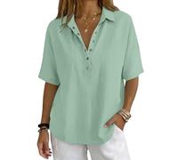 Womens Button Front Polo Collar Shirt Solid Colour Short Sleeve Blouse Elegant Casual Smart Top Classic Relaxed Fit Office Holiday Everyday Wear, 08-Light Green, M