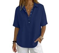 Womens Button Front Polo Collar Shirt Solid Colour Short Sleeve Blouse Elegant Casual Smart Top Classic Relaxed Fit Office Holiday Everyday Wear, 06-Dark Blue, XL