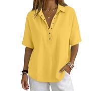 Womens Button Front Polo Collar Shirt Solid Colour Short Sleeve Blouse Elegant Casual Smart Top Classic Relaxed Fit Office Holiday Everyday Wear, 03-Yellow, S