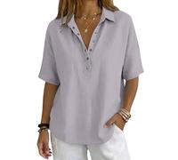 Womens Button Front Polo Collar Shirt Solid Colour Short Sleeve Blouse Elegant Casual Smart Top Classic Relaxed Fit Office Holiday Everyday Wear, 07-Light Gray, L