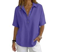 Womens Button Front Polo Collar Shirt Solid Colour Short Sleeve Blouse Elegant Casual Smart Top Classic Relaxed Fit Office Holiday Everyday Wear, 15-Purple, S