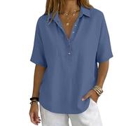 Womens Button Front Polo Collar Shirt Solid Colour Short Sleeve Blouse Elegant Casual Smart Top Classic Relaxed Fit Office Holiday Everyday Wear, 09-Light Blue, XXL