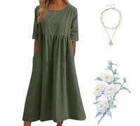 Women's Casual Basic Outdoor Crew Neck Pocket Smocked Cotton Dress, 2025 New Casual Spring Summer Outdoor Dress (Green,3XL)