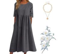Women's Casual Basic Outdoor Crew Neck Pocket Smocked Cotton Dress, 2025 New Casual Spring Summer Outdoor Dress (Dark Gray,XXL)