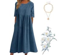Women's Casual Basic Outdoor Crew Neck Pocket Smocked Cotton Dress, 2025 New Casual Spring Summer Outdoor Dress (Blue,XL)