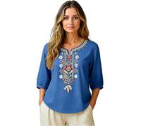 Women's Casual Boho Embroidered 3/4 Sleeve Summer Linen Top Plus Size Beach Shirt with Floral Design