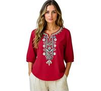 Women's Casual Boho Embroidered 3/4 Sleeve Summer Linen Top Plus Size Beach Shirt with Floral Design