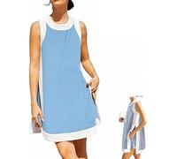 Women's Casual Color Block Sleeveless Tops Matching Shorts, 2 Piece Sets Summer Sleeveless Pullover with Pockets (Blue,L)