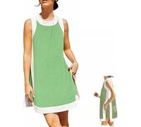 Women's Casual Color Block Sleeveless Tops Matching Shorts, 2 Piece Sets Summer Sleeveless Pullover with Pockets (Green,2XL)