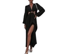 Women's Casual Cutout Waist Ring Lantern Sleeve Slit Thigh Long Dress A-Line Party Black Dress
