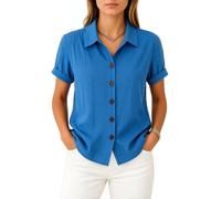 Women's Casual Linen Button Down Shirt Short Sleeve Summer Beach Blouse with Pockets White Loose Fit Collared Tops for Vacation Work