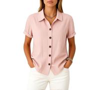 Women's Casual Linen Button Down Shirt Short Sleeve Summer Beach Blouse with Pockets White Loose Fit Collared Tops for Vacation Work