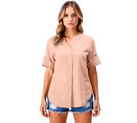 Women's Casual Linen Button Down Shirts Short Sleeve V Neck Loose Fit Tunics Tops Summer Beach Blouse Lightweight Cotton Blend Henley Tee
