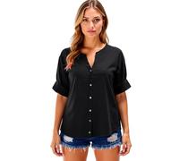 Women's Casual Linen Button Down Shirts Short Sleeve V Neck Loose Fit Tunics Tops Summer Beach Blouse Lightweight Cotton Blend Henley Tee