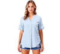 Women's Casual Linen Button Down Shirts Short Sleeve V Neck Loose Fit Tunics Tops Summer Beach Blouse Lightweight Cotton Blend Henley Tee