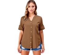 Women's Casual Linen Button Down Shirts Short Sleeve V Neck Loose Fit Tunics Tops Summer Beach Blouse Lightweight Cotton Blend Henley Tee