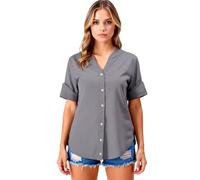 Women's Casual Linen Button Down Shirts Short Sleeve V Neck Loose Fit Tunics Tops Summer Beach Blouse Lightweight Cotton Blend Henley Tee